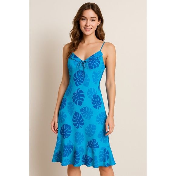 Express Dresses & Skirts - Express x Vintage Y2K Tropical Leaf Bright Blue Midi Dress
